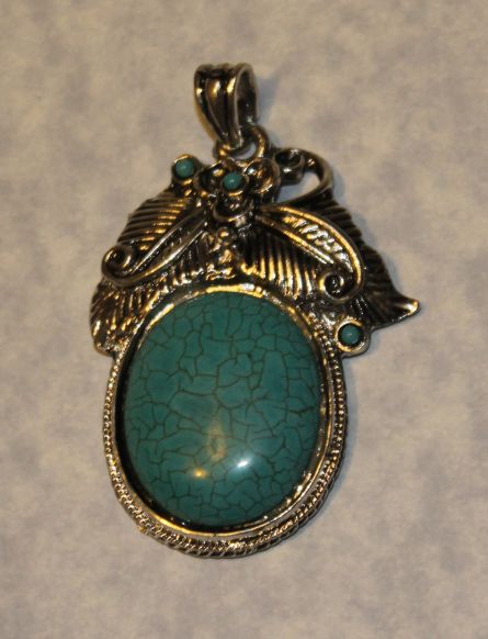 Winged Oval Turquoise Tibetan Silver Pendant