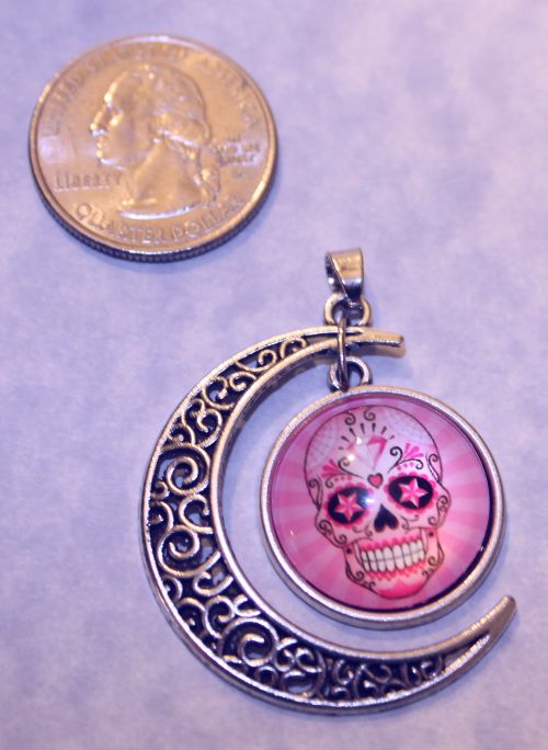 Pink Sugar Skull in Moon Pendant with Tibetan Silver 18 in chain