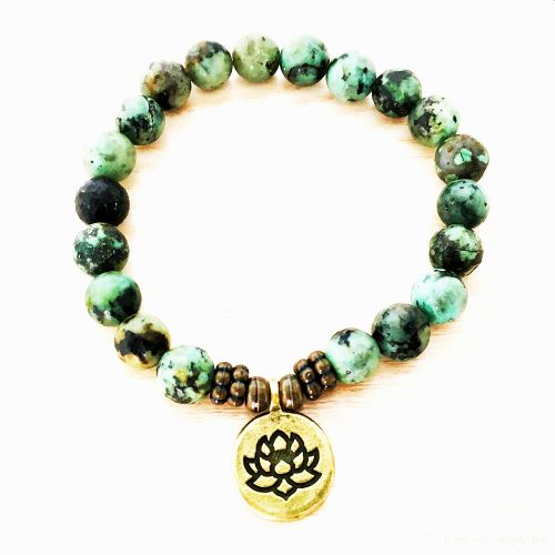 African Turquoise Stretch Bracelet with Lotus charm
