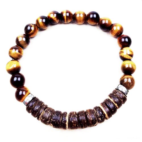 Tiger Eye Gold Bead with Coconut Shell Stretch Bracelet