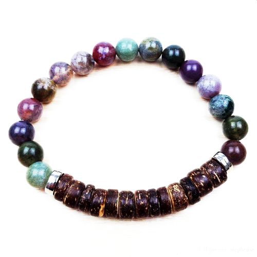 Agate (Indian) and Coconut Shell Bead Stretch Bracelet