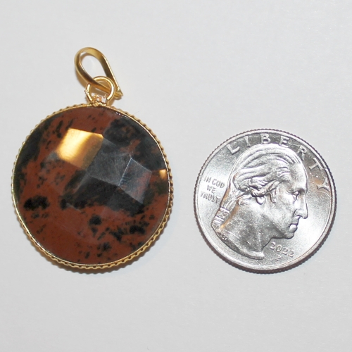 Obsidian Mahagony Disc Pendant with Gold Tone Setting and Bail